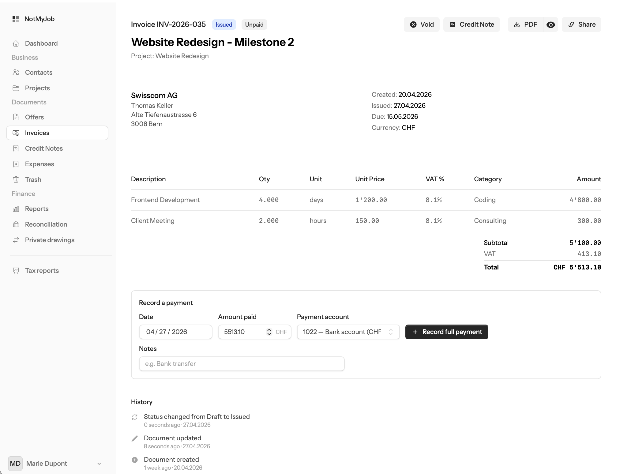 Editing an invoice in NotMyJob