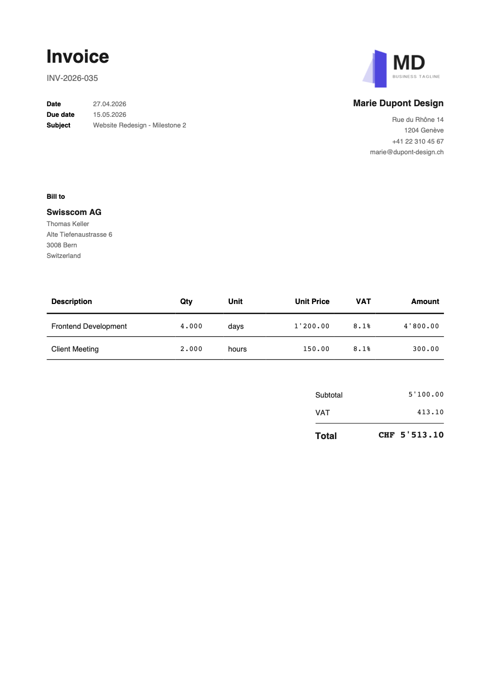 Sample invoice PDF with Swiss QR-bill